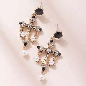 Boho Vintage Gold Tone Pearl Drop Cross Earrings